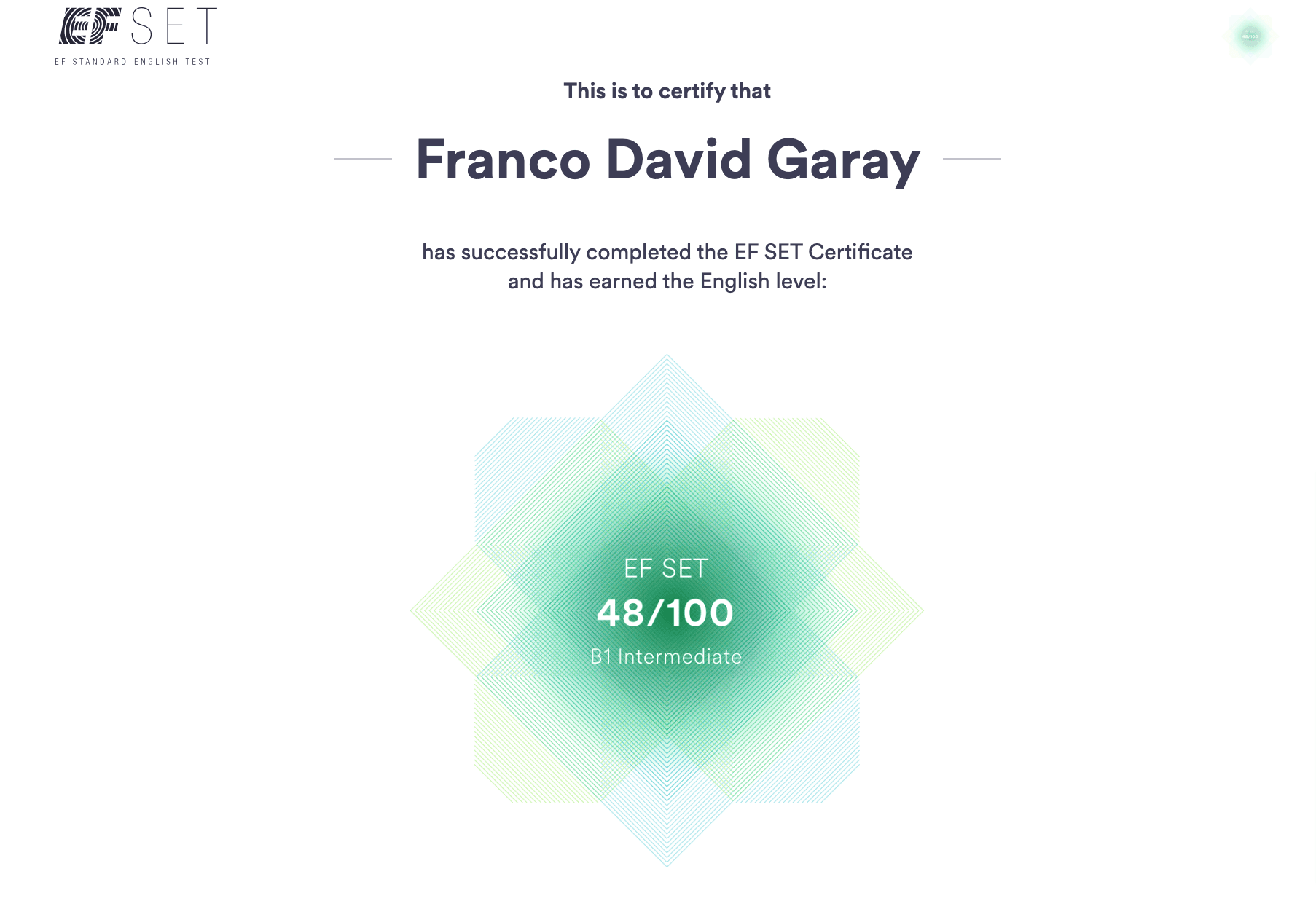 Certificado: EF SET English Certificate (B1 Intermediate) (EF Standard English Test)