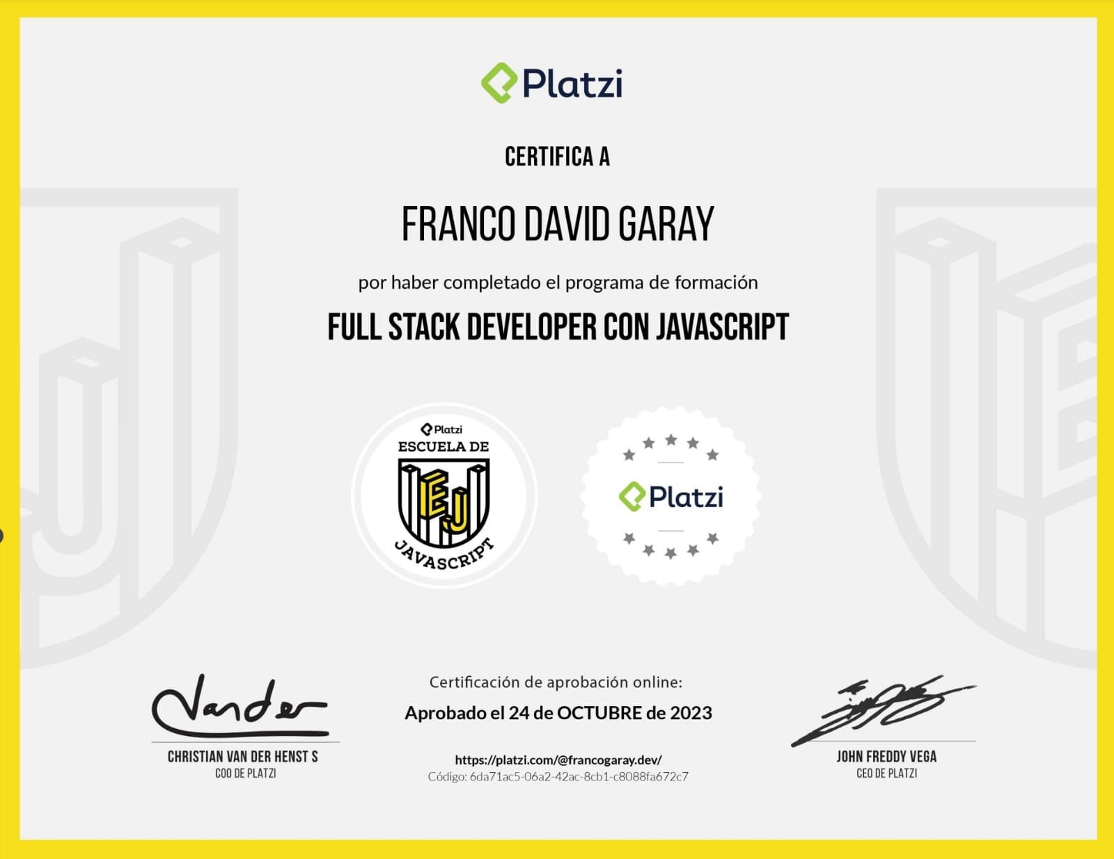 Certificado: FULL STACK JAVASCRIPT (Platzi)