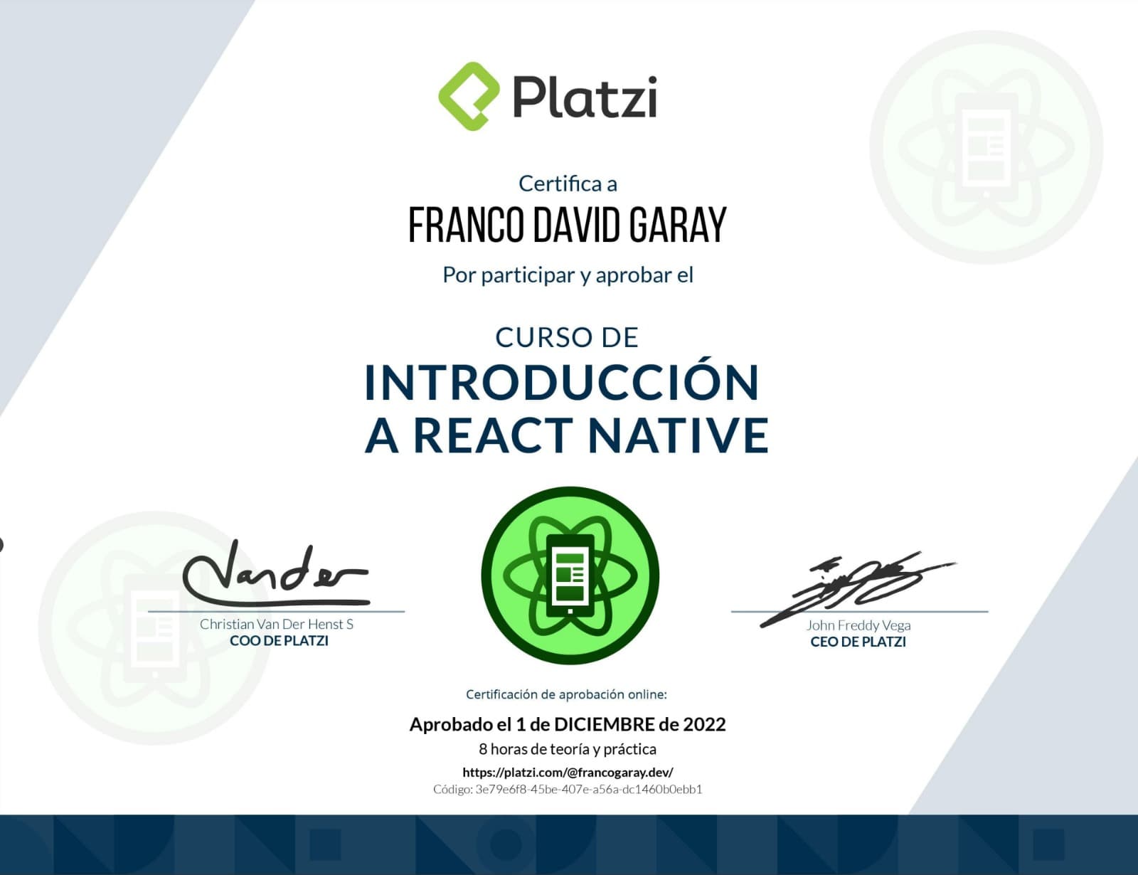 Certificado: REACT NATIVE DEVELOPER (Platzi)